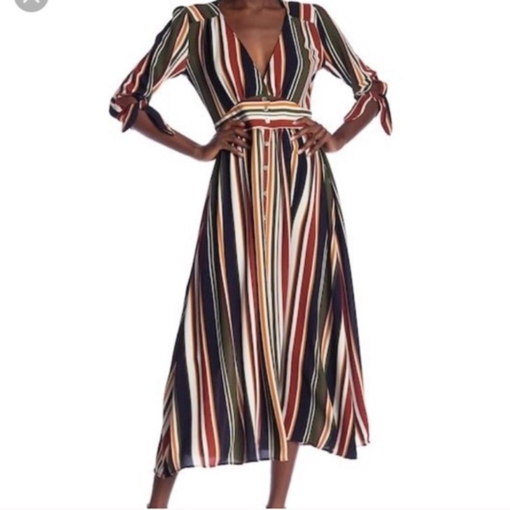 Paolino Striped V-Neck Front Button Dress - Size M